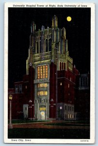 Iowa City Iowa IA Postcard University Hospital Tower Night State c1940 Vintage