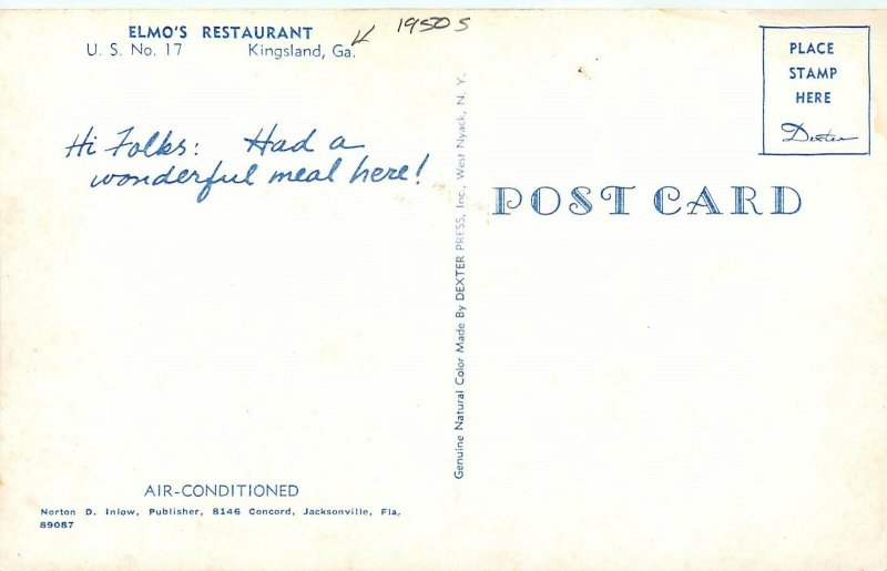 1950s Kingsland Georgia Elmo's Restaurant US 17 occupation Postcard 25-5764