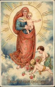 PFB No 9377 Gel Christmas Mary and Baby Jesus Angels c1910 Vintage Postcard