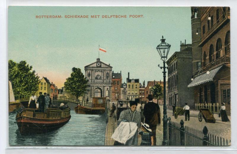 Schiekade met Delftsche Poort Canal Boat Rotterdam Netherlands 1910c postcard