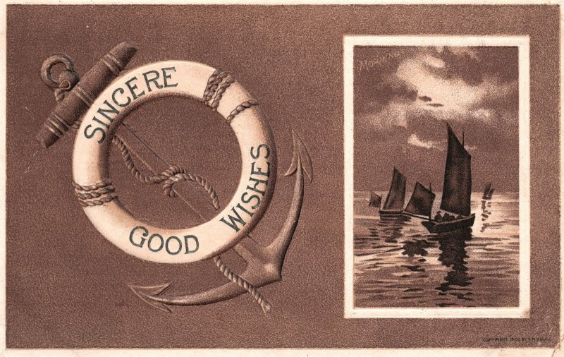 Sincere Good Wishes Ocean Boats Design Greetings Wishes Vintage Postcard c1910
