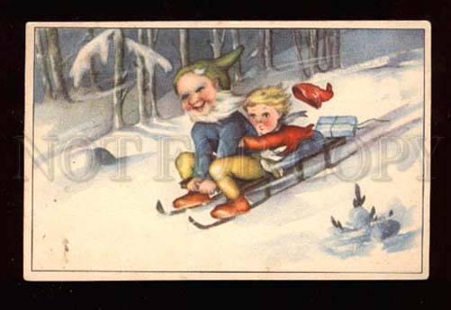 019268 Happy GNOMES on sledge. Old colorful PC