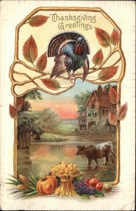 Thanksgiving Farm Scene Cow Turkey Embossed c1900-20s Vintage Postcard