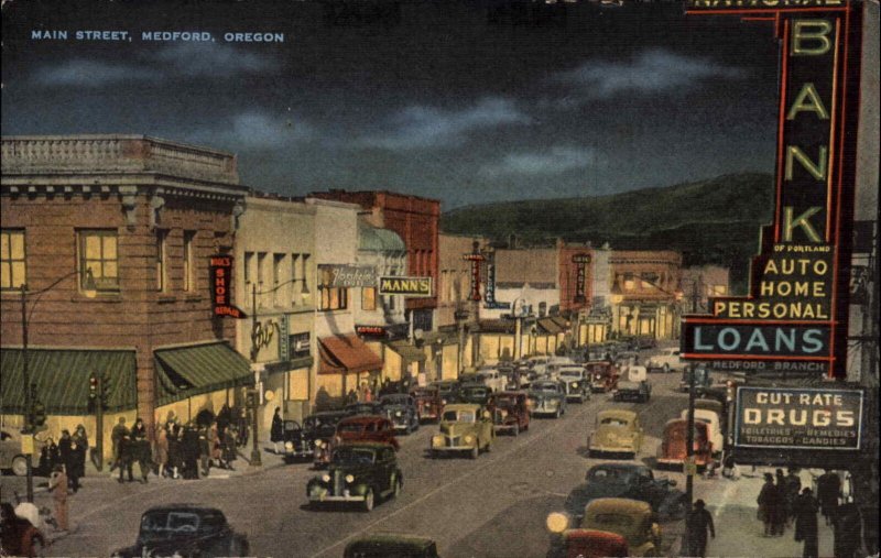 Medford Oregon OR Main Street Classic 1930s Cars at Night Vintage Postcard