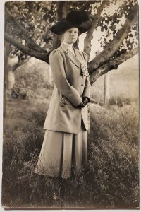 RPPC Beautiful Women Marie Large Hat Posing by Tree c1910 Photo Postcard H27