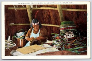 Vintage Postcard Actual Basket Weaving at Indian Village St. Ignace Michigan MI