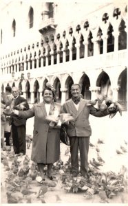 Postcard Three Men Holding Doves in Front of Stone Building Real Photo RPPC