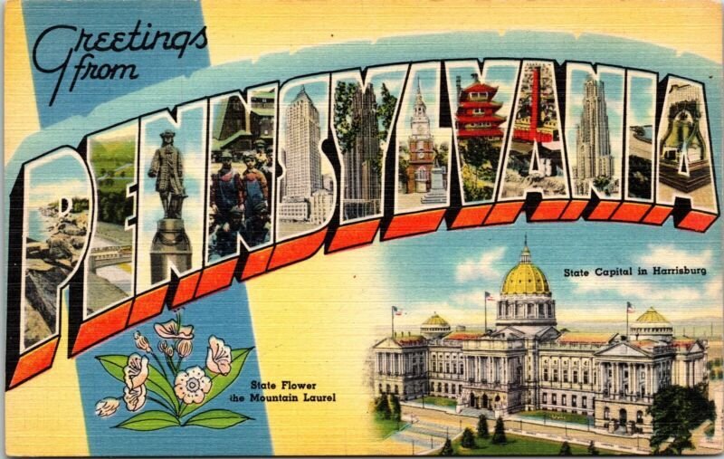 Greetings From Pennsylvania PA Large Letters Keystone State Postcard VTG UNP