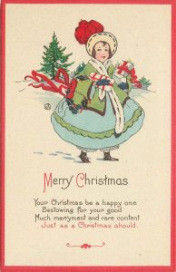 Stecher Christmas Postcard 726F Bundled up Woman Carrying Gifts through the Snow