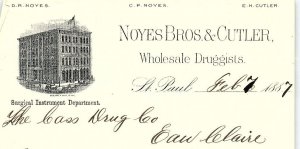 1887 ST PAUL MN NOYES BROS & CUTLER WHOLESALE DRUGGISTS LETTER BILLHEAD Z4217