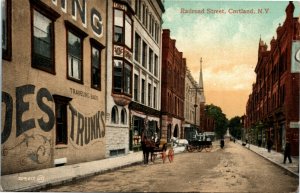 Postcard NY Cortland Railroad Street Buggies Church Street View 1909 F9