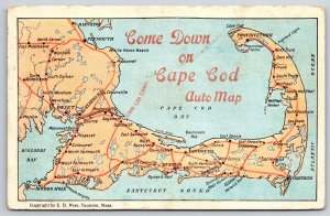 Cape Cod Massachusetts~State Map~1920s Postcard