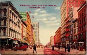 Postcard IN Indianapolis Washington Street East from Meridian Old Cars C.1910 F4