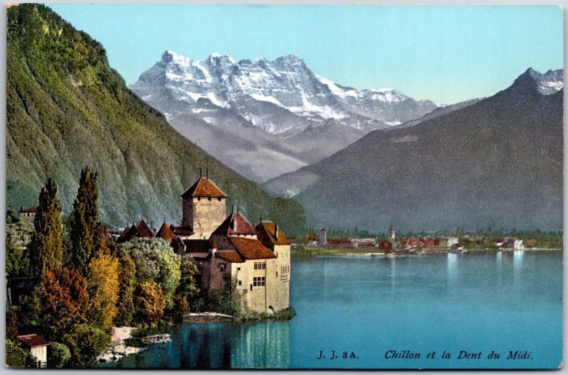 Chillon Et La Dent Du Midi Switzerland Mountain & Buildings On Island Postcard