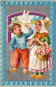 Two Dutch Children, Boy and Girl, Bird and Flowers, 1913 Comic, Vintage Postcard