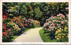 Postcard KS Baxter Springs - flower path - - Curt Teich art scenic 3A-H796