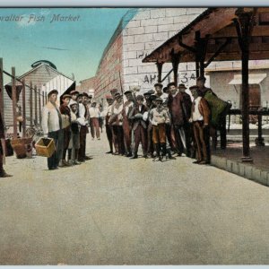 c1910s Gibraltar Fisherman Fish Market Penny Stamp Postcard British BOT A196