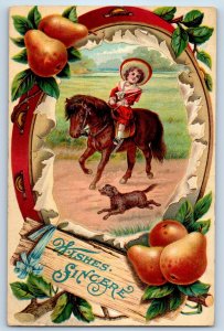 c1910's Wishes Sincere Boy Riding Horse Dog Fruits Embossed Antique Postcard