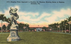 Vintage Postcard 1930s Ringling Plaza Art Museum Neptune Statue Sarasota Florida