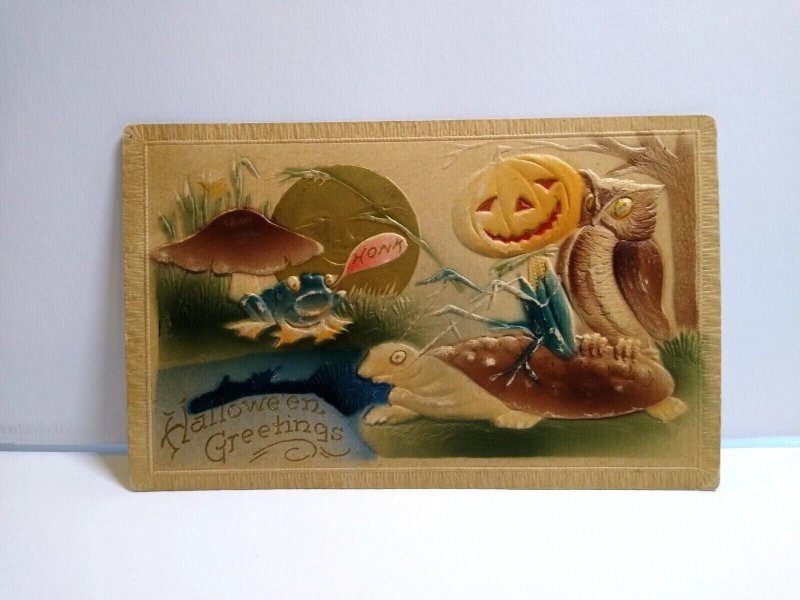 Halloween Postcard Fantasy Turtle Owl Frog Moon Goblin Honk Mushroom Pond 1911 