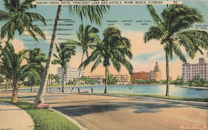 Indian Creek Dr. Pancoast Lake and Hotels, Miami Beach, Fl. Postcard 2T5-325 