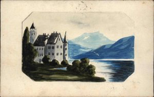 Handmade Hand Painted Castle Mountain Lake c1910 Postcard