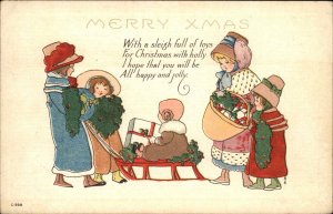 Christmas Little Girls with Gifts on Sled c1910 Vintage Postcard
