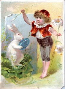 Trade Card - Woolson Spice Easter GreetingGirl with  Bunny holding blue egg