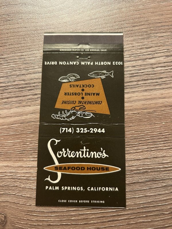Matchbook Cover Sorrentino’s Seafood House Palm Springs MB12
