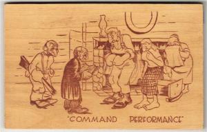 Wooden Comic Postcard Command Performance Hillbilly Shotgun Wedding 1950s