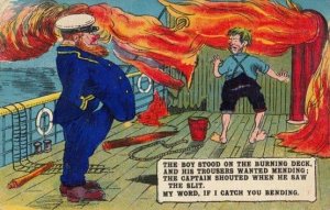 The Boy Stood On The Burning Deck Fire On Ship Poem Old Comic Humour Postcard