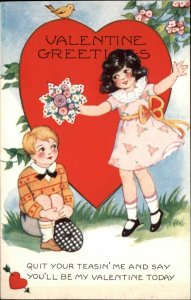 Whitney Valentine Little Girl Brings Flowers to Boy Vintage Postcard