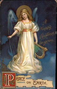 Christmas Series 1122 Young Girl Angel Harp  Peace on Earth c1910 PC
