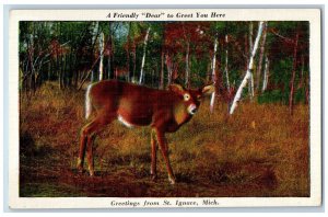 St. Ignace Michigan MI Postcard A Friendly Dear To Greet You Here c1940s Vintage