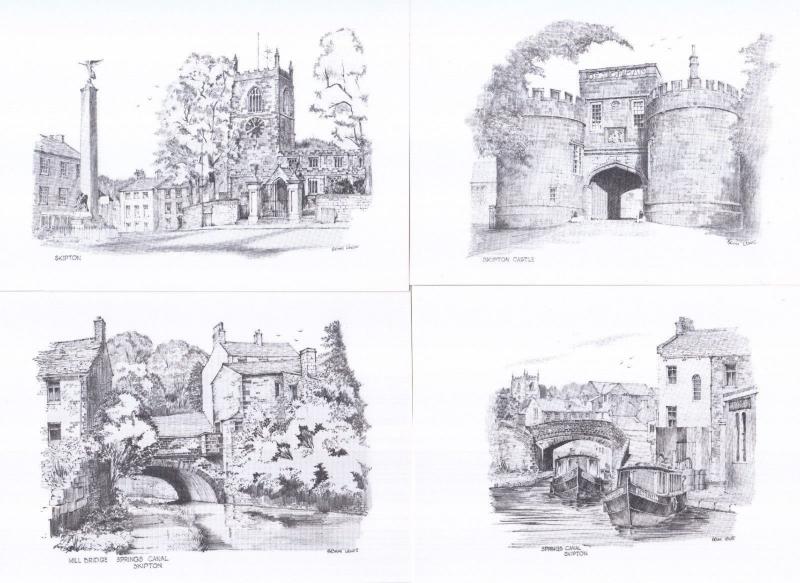 Skipton Canal Castle Boats Bridge 4x Artist Drawing Postcard s