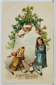 Christmas Greetings Darling Girls Walking their Doll Angels Above Postcard P13