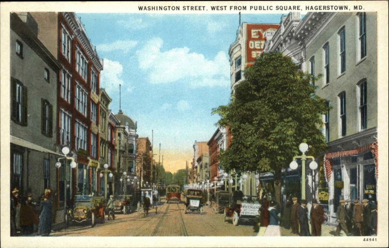 Hagerstown Maryland MD Washington Street Trolley Streetcar Vintage Postcard