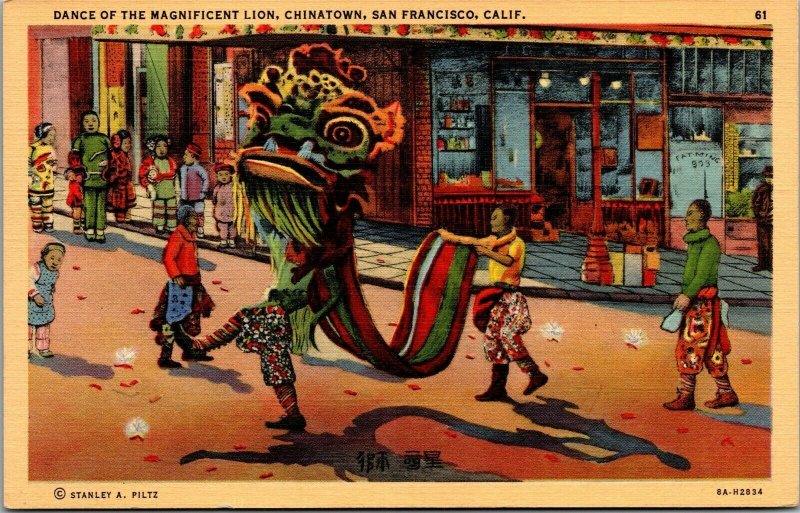 Vtg San Francisco CA Chinatown Dance of the Magnificent Lion 1930s Postcard 