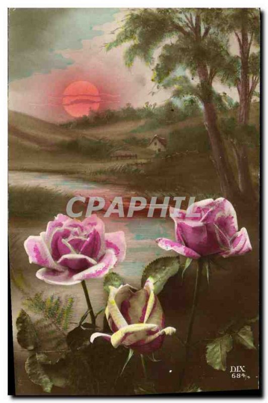 Postcard Old Moon Fancy Flowers Roses