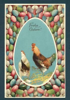 P2709 Easter postcard, Rooster, Hen, Egg border