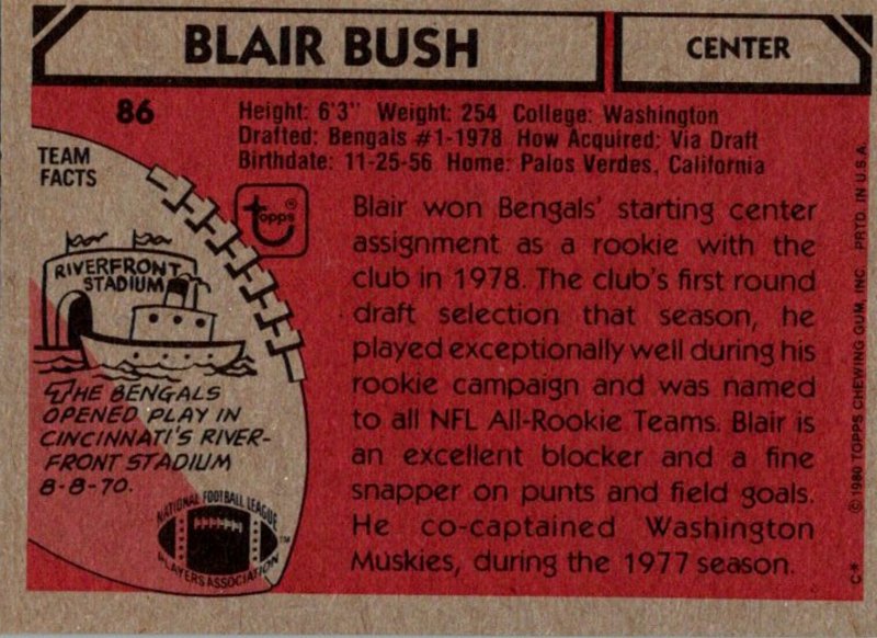 1980 Topps Football Card Blair Bush C Cincinnati Bengals sun0432
