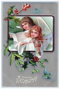 c1910's Christmas Angel Playing Violin Carol Mistletoe Berries Birds Postcard 