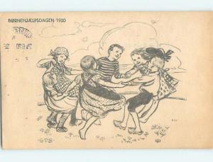 Pre-Linen foreign signed KIDS DANCING IN CIRCLE IN 1920 EUROPE HJ4105