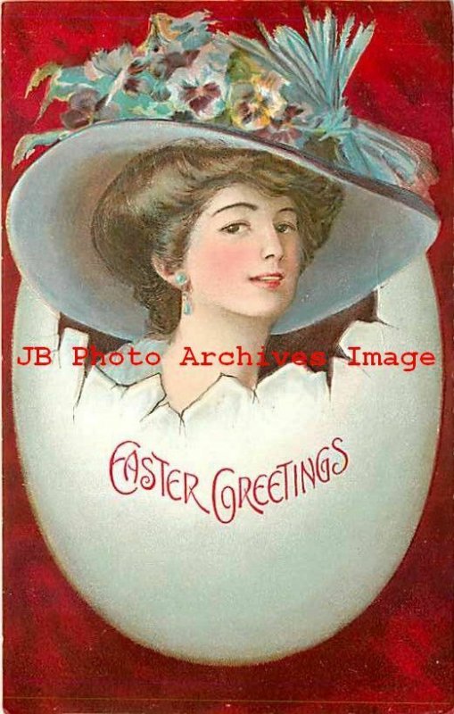 Easter, IPC No 289-1, F Earl Christy, Woman with Pansies on Hat in Egg Shell