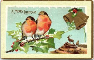 1915 MERRY CHRISTMAS BIRDS BELLS DEER KENESAW NEBRASKA EMBOSSED POSTCARD 39-261