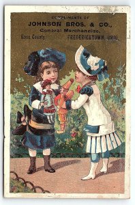 c1880 FREDERICKTOWN OH JOHNSON BROS & CO GIRLS DOLLS VICTORIAN TRADE CARD P2822G