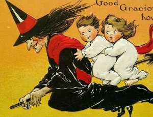 Vintage Halloween Postcard Large Witch & Children Riding Broom Tuck Series 188  