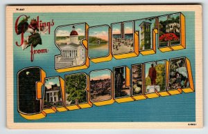 Greetings From South Carolina Large Big Letter Linen Postcard Unposted Vintage