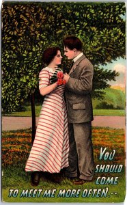Love Romance, Young Couple Man & Woman Meet Me More Often Antique Postcard