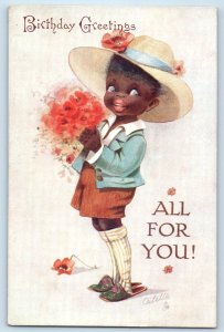 Birthday Greeting Child Boy Black American Flowers All For You Oilette Postcard